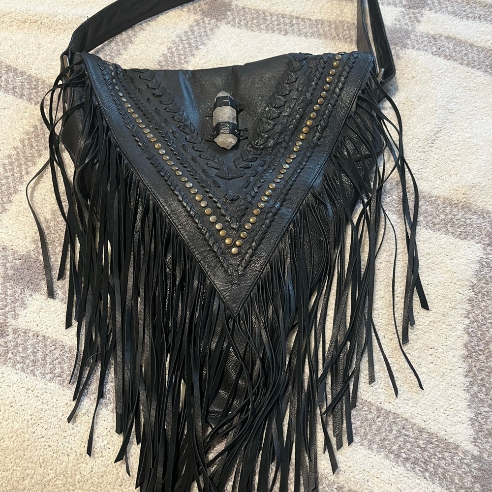 Unique Black Leather Fringe Bag